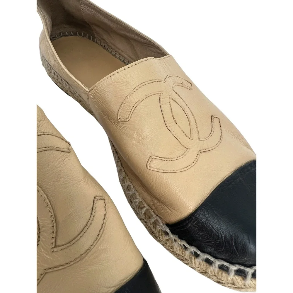 Chanel Lambskin CC Cap Toe Espadrilles Beige Black Size 41